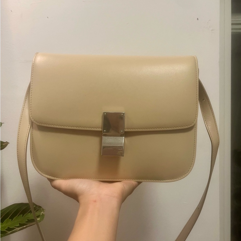 Authentic Celine Box Bag medium beige silver